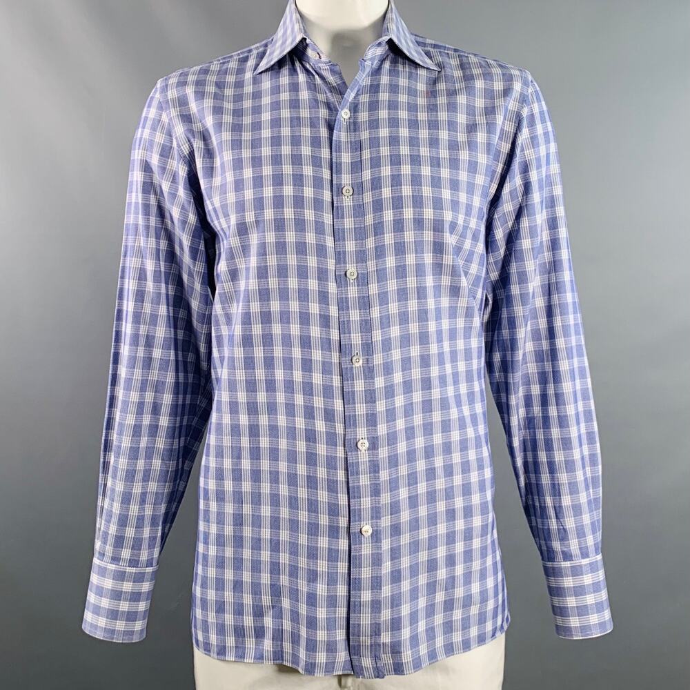 TOM FORD Size L Blue White Plaid Cotton Curved Cutaway Long Sleeve Shirt